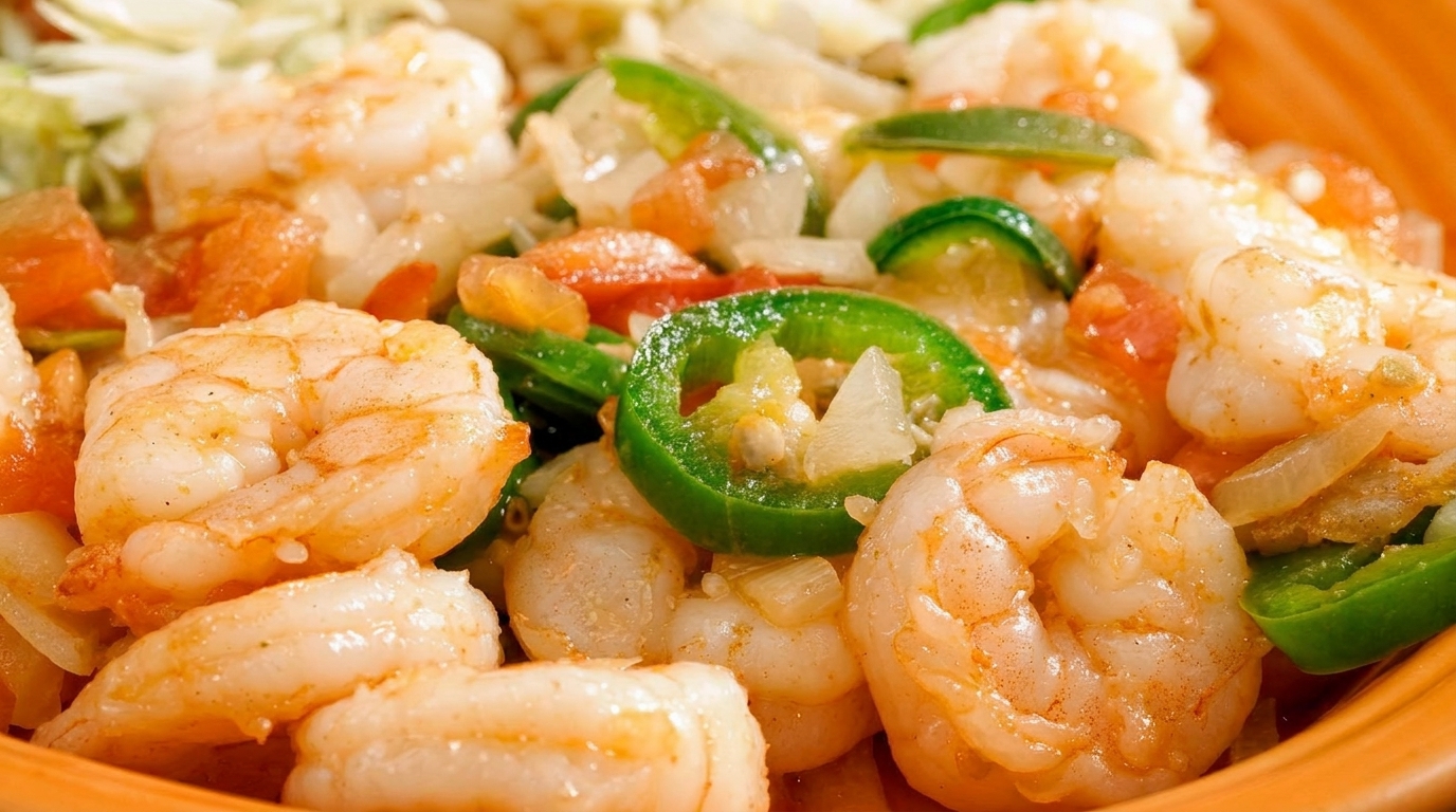 Close-up of shrimp with sliced green jalapeños, diced tomatoes, and onions in an orange bowl.