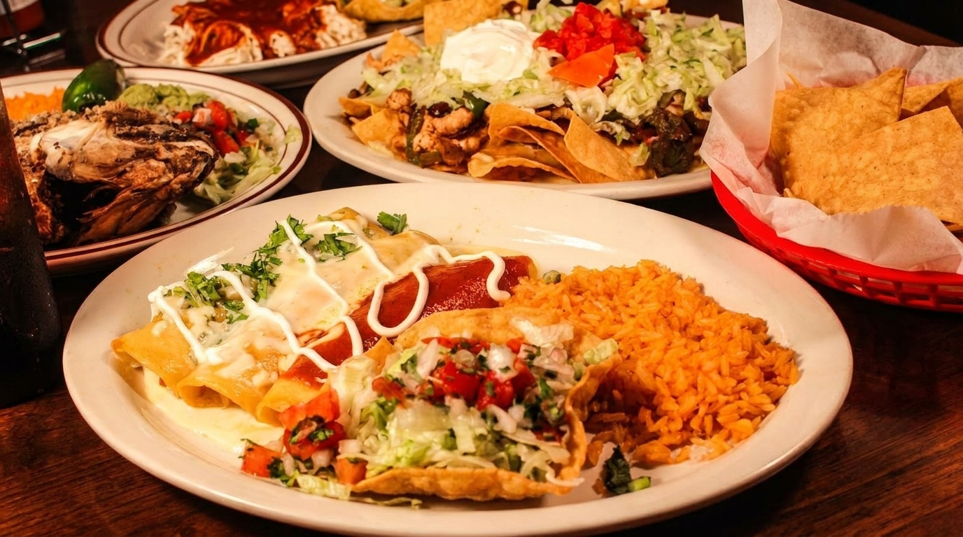 Table laden with various Mexican dishes, including enchiladas, tacos, rice, and nachos.