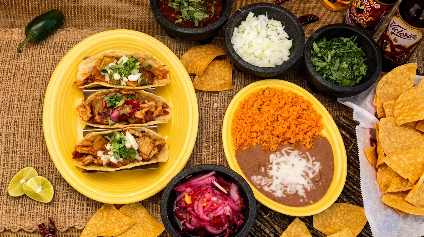 Three tacos on a yellow plate with rice, beans, chips, salsa, and toppings on a burlap surface.