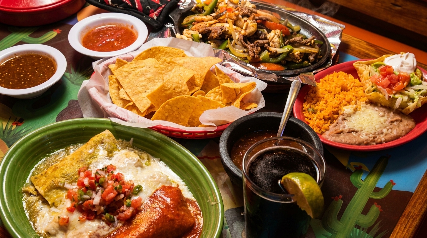 A vibrant spread of Mexican dishes, including fajitas, enchiladas, tacos, rice, beans, chips, salsa, and a drink.