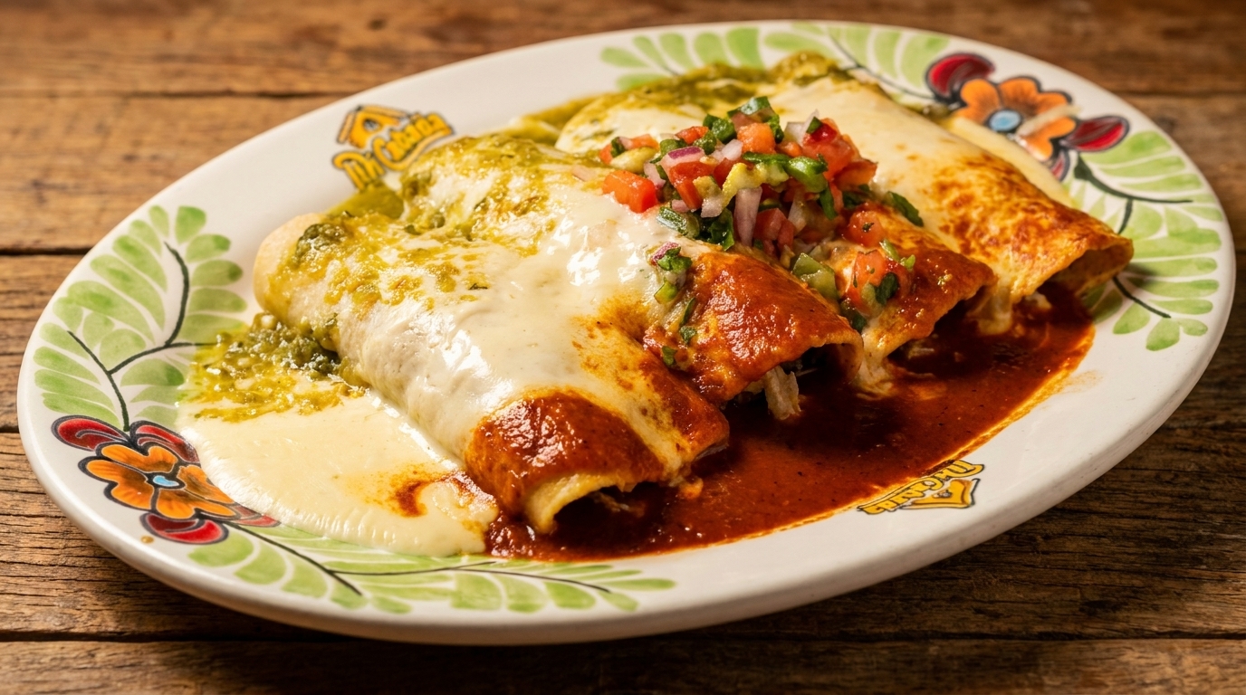 Three enchiladas covered in red and green sauce, melted cheese, and pico de gallo on a decorative plate.