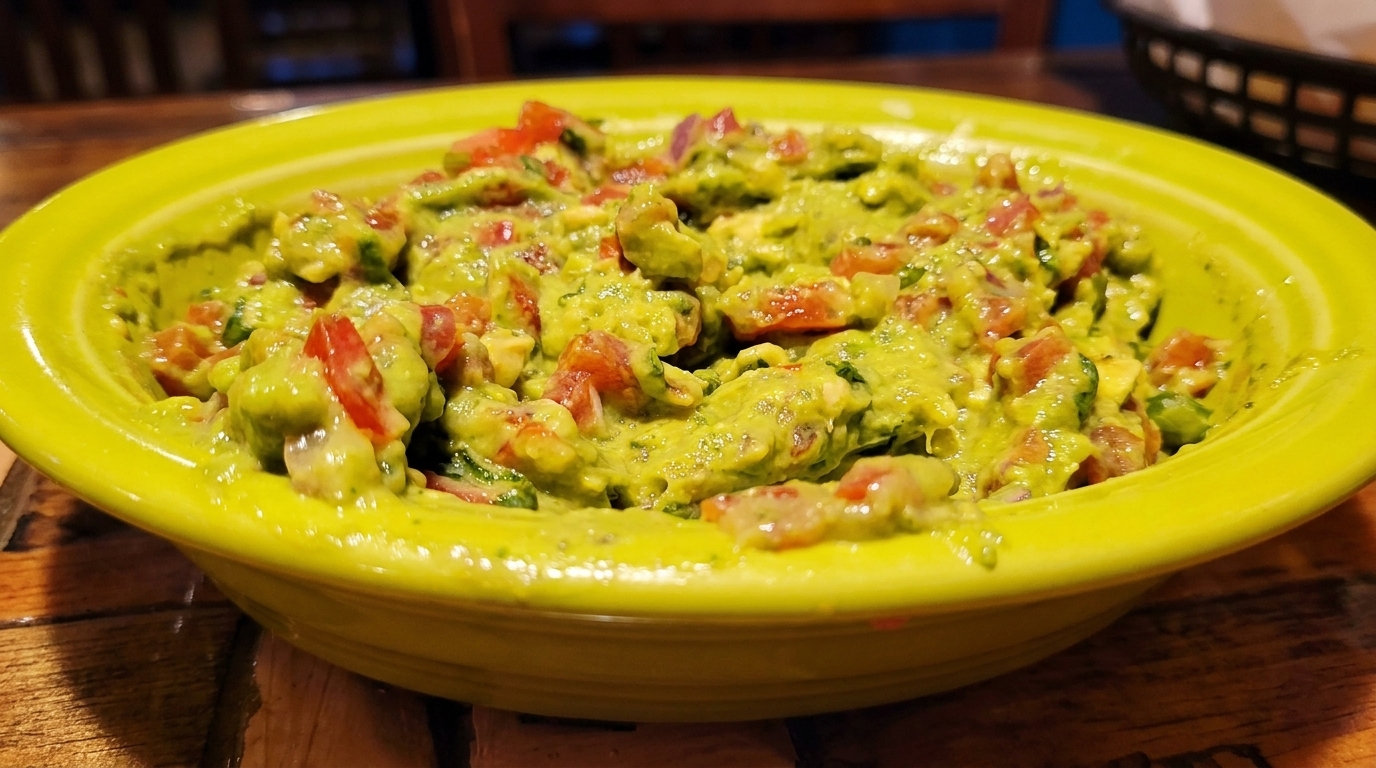 Close-up of a vibrant green bowl filled with chunky guacamole, featuring diced tomatoes and onions.