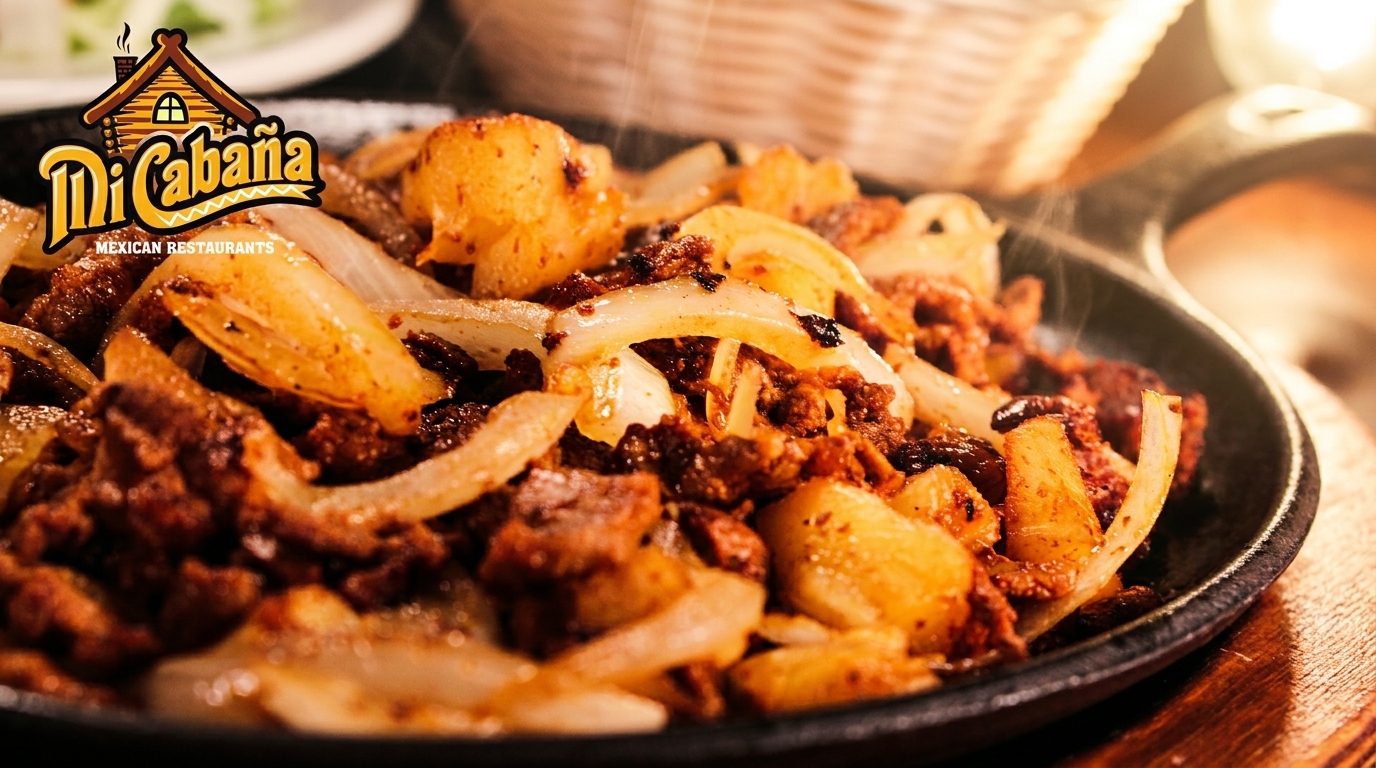 Sizzling Mi Cabaña Mexican chorizo and potatoes with onions in a cast iron skillet.