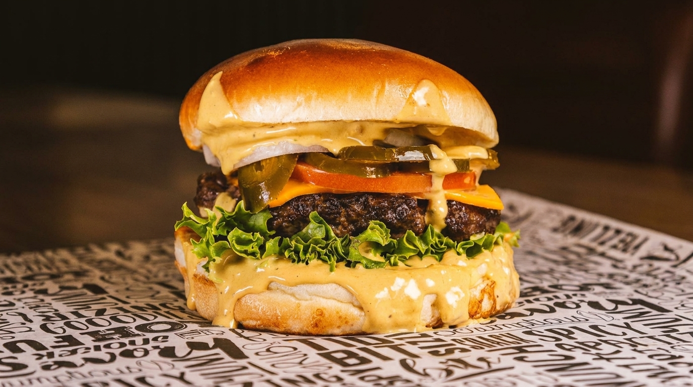 A juicy burger with melted cheese, lettuce, tomato, onions, and jalapeños on a bun.