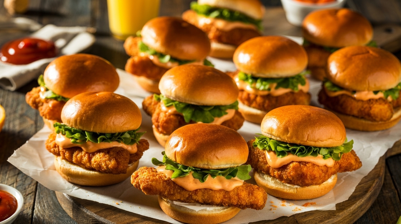 Numerous crispy chicken sliders with lettuce and special sauce on brioche buns, arranged on parchment paper.