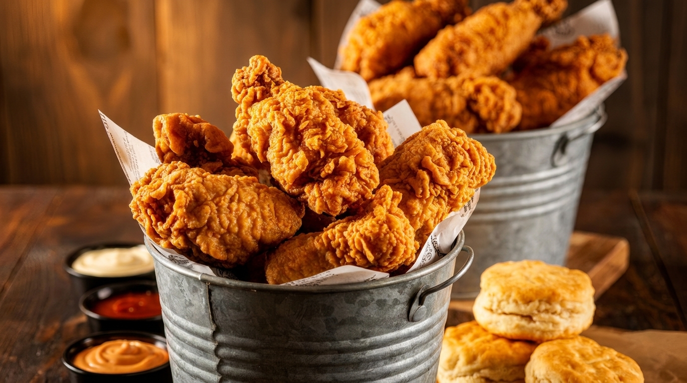 Two metal buckets overflowing with crispy fried chicken, with biscuits and dipping sauces nearby.