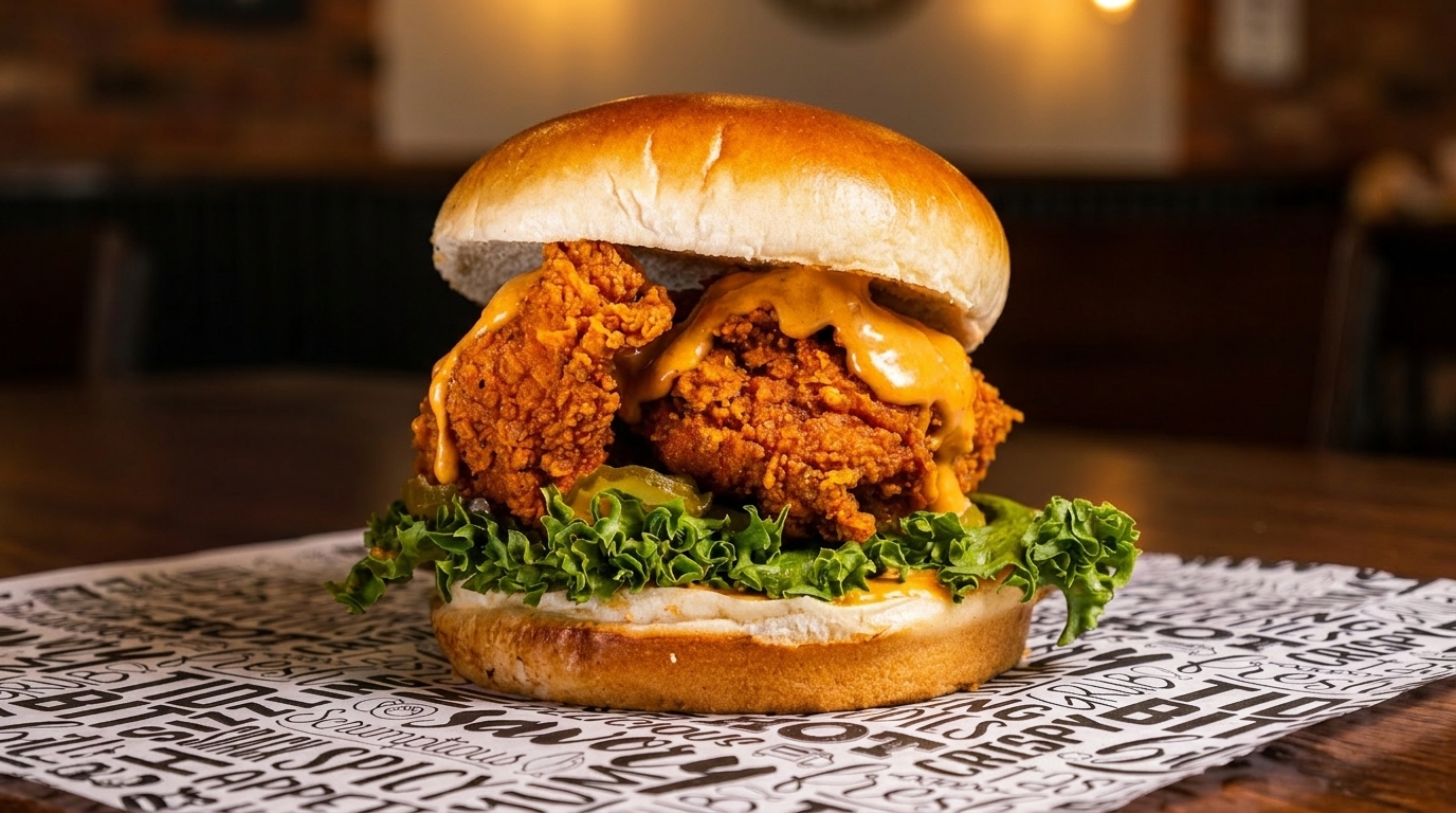 Crispy fried chicken sandwich with lettuce, pickles, and orange sauce on a brioche bun.