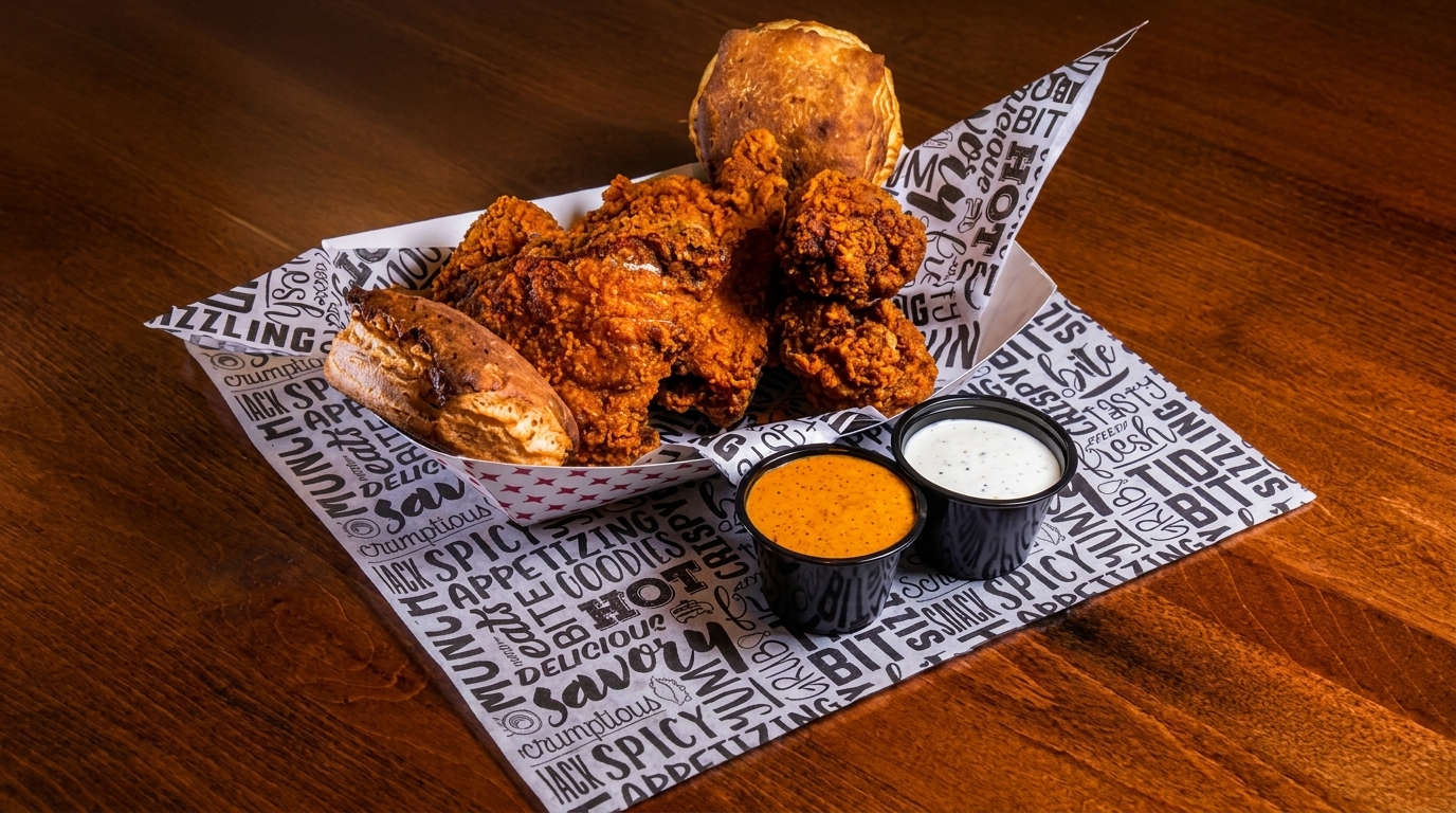 Crispy fried chicken pieces, biscuits, and two dipping sauces in a paper-lined basket on a wooden table.