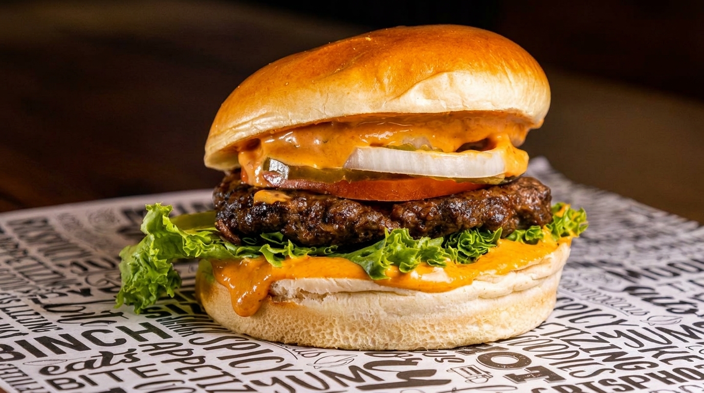Juicy burger with lettuce, tomato, onion, pickles, and special sauce on a bun.