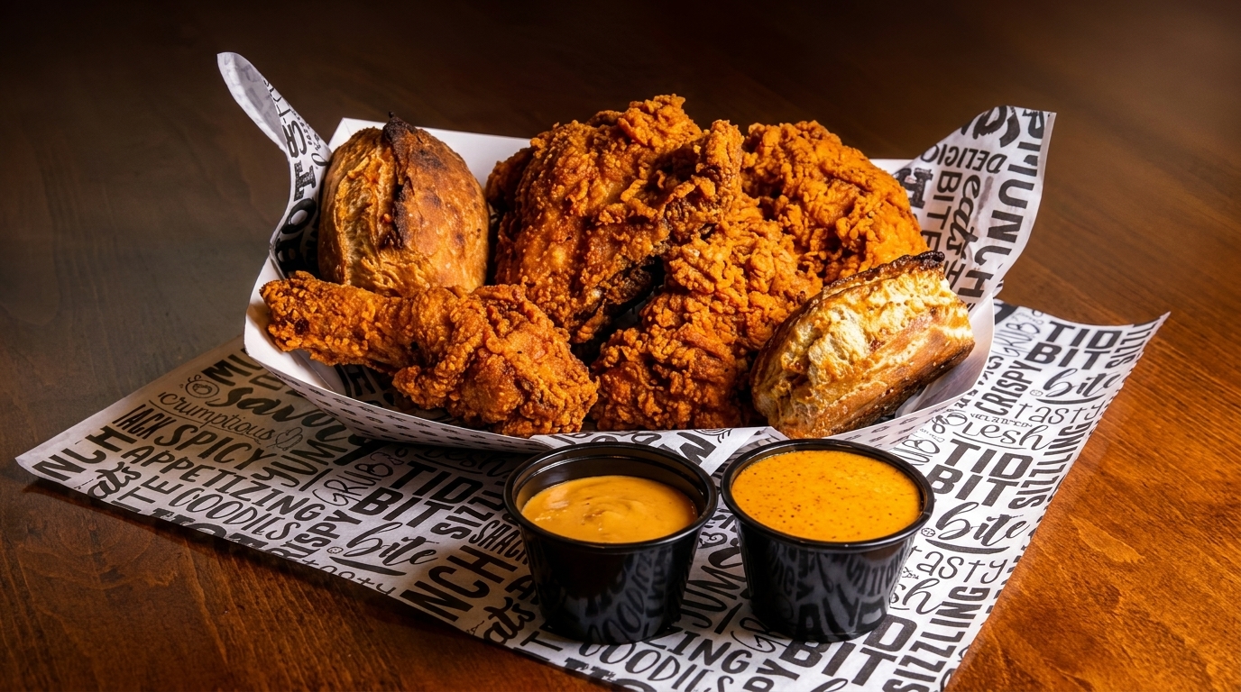 Crispy fried chicken pieces and baked rolls in a basket with two dipping sauces on a wooden table.