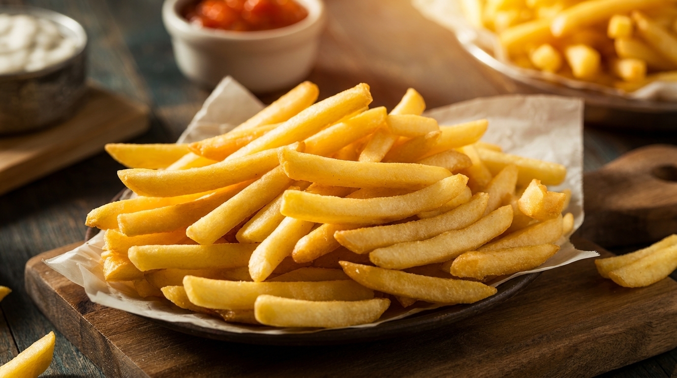 A plate of golden french fries with ketchup and mayonnaise in the background.
