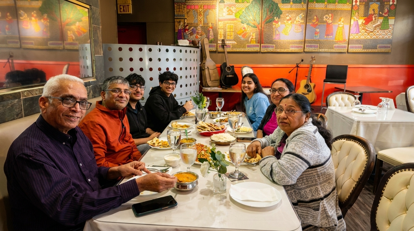 A family of seven smiles while dining at a restaurant with Indian art and guitars on the wall.