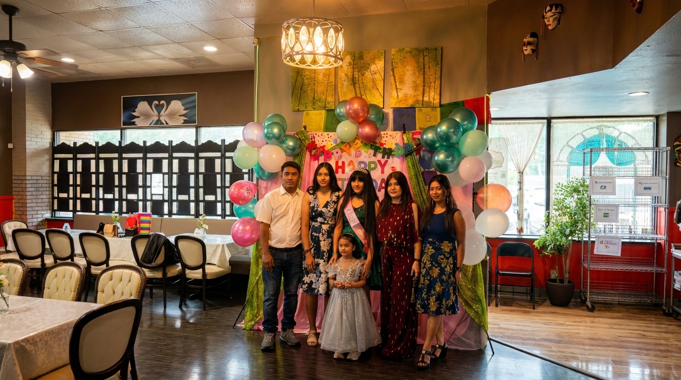 A family poses for a photo in a restaurant dining room decorated with balloons for a birthday.