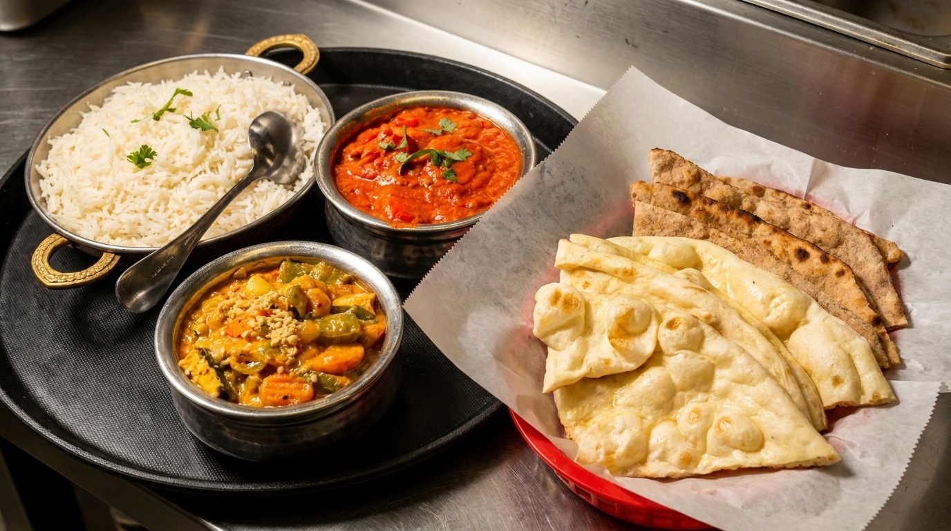 Indian meal with rice, two curries, and a basket of naan and roti bread on a black tray.