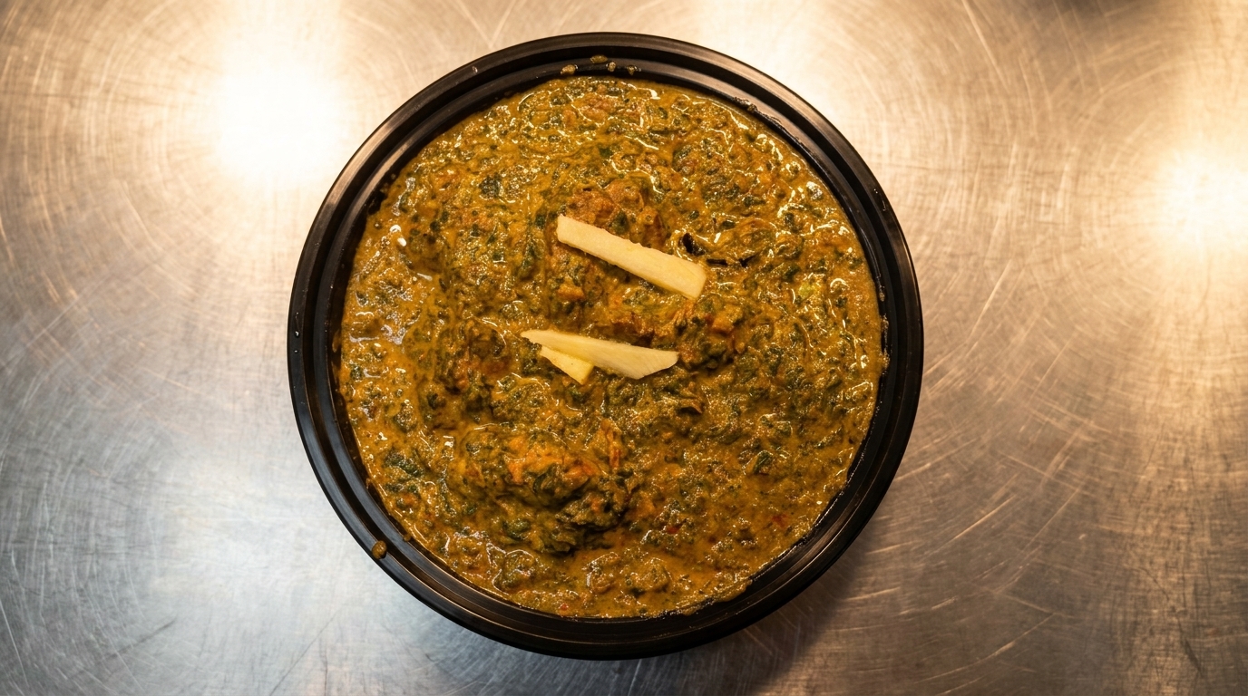 Overhead view of a black bowl filled with green and orange curry, garnished with ginger slices.