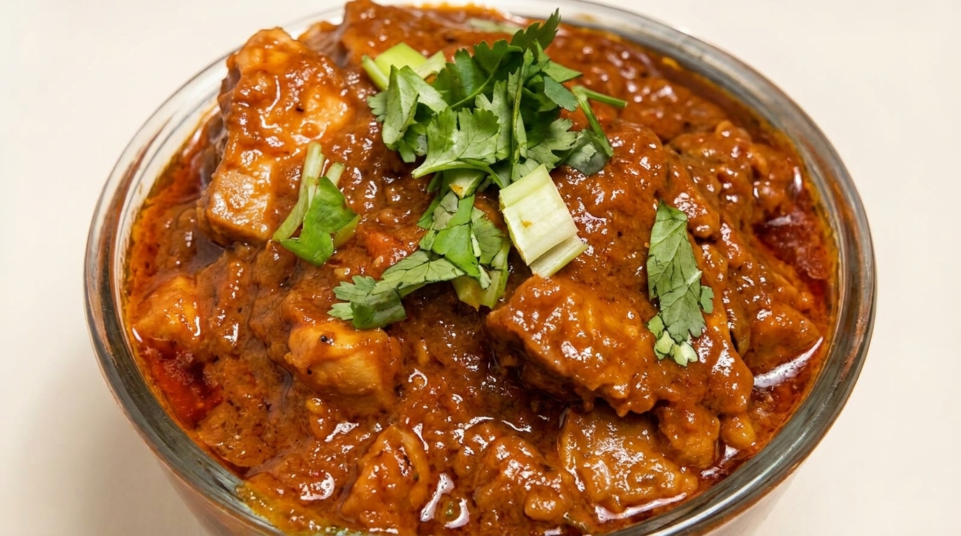 Close-up of a bowl of chicken curry, garnished with fresh cilantro and green onions.