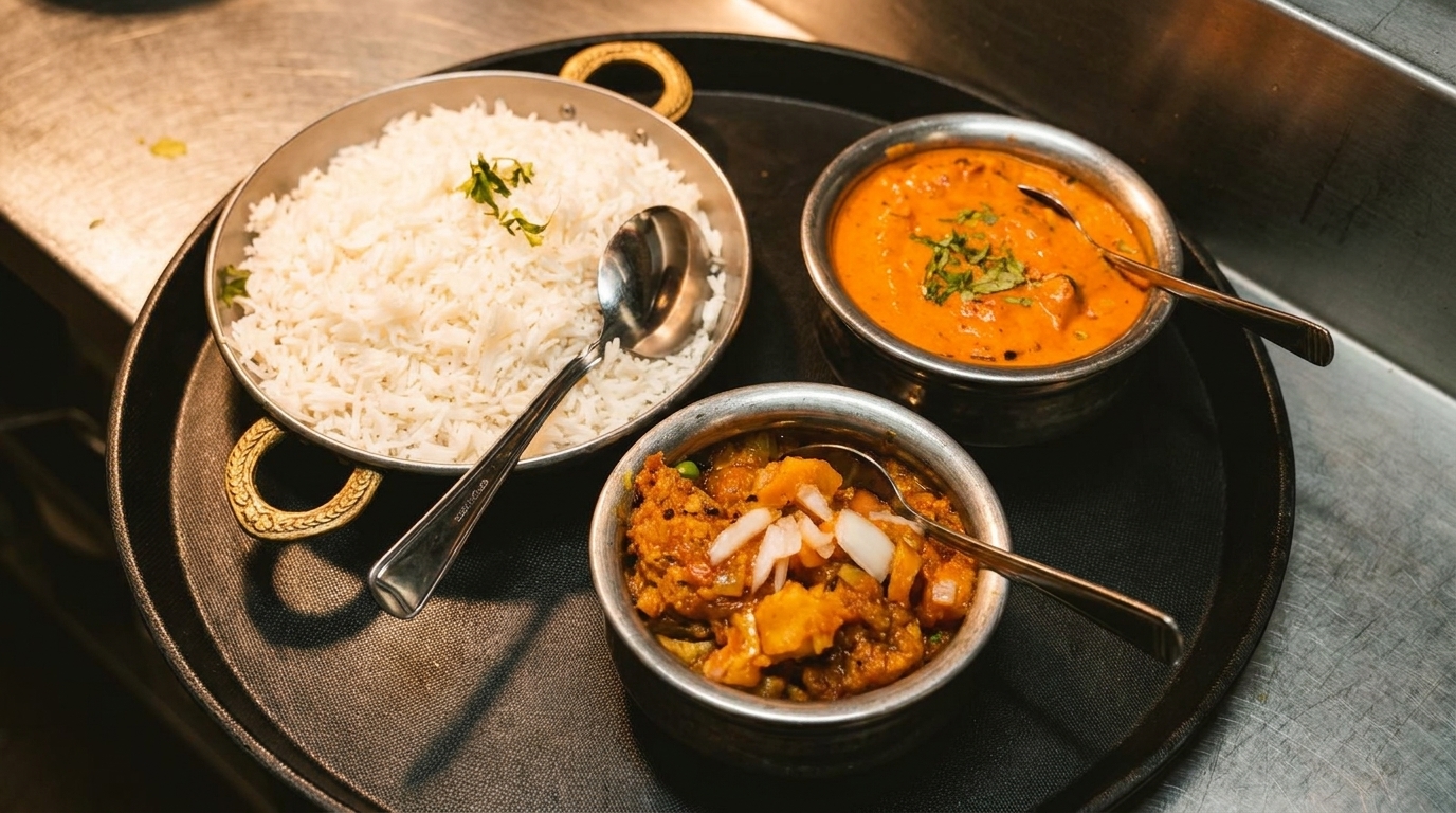 Three bowls of Indian food, including rice, curry, and a vegetable dish, on a black tray.