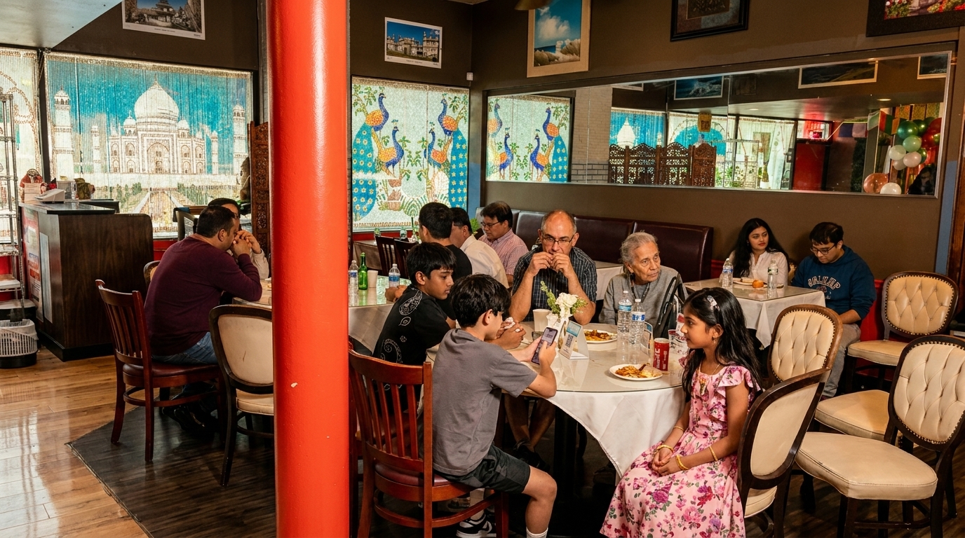 Diverse group of people dining in a restaurant with Indian-themed decor and large windows.