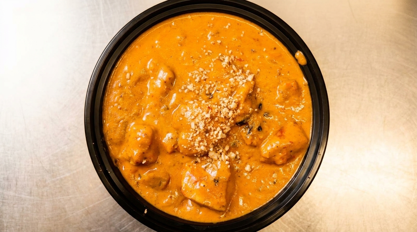 Overhead view of a black bowl filled with orange curry, topped with crushed nuts.