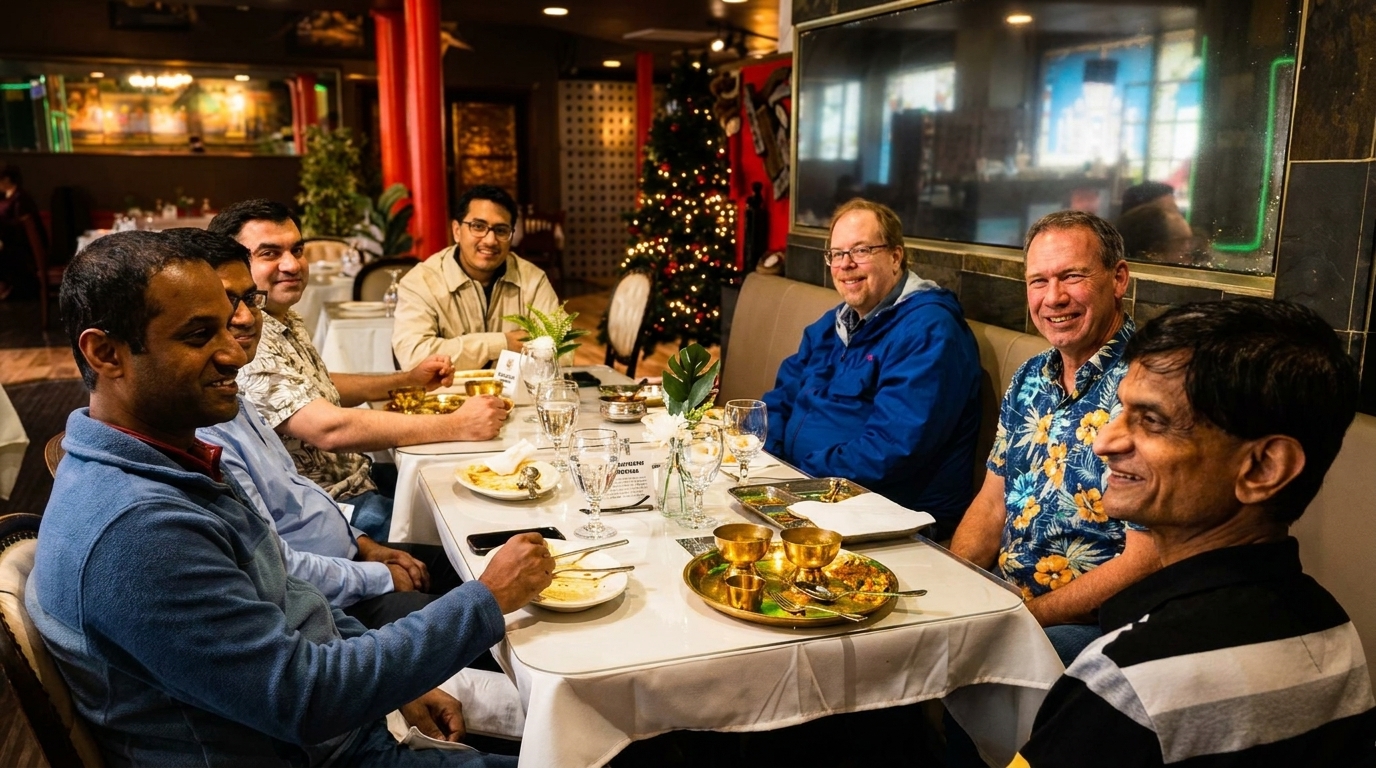 Six men are seated around a white-clothed table in a restaurant with festive lighting.