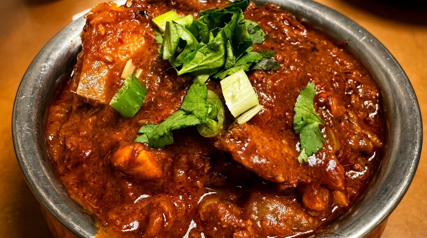 Close-up of a metal bowl filled with rich, red curry, garnished with fresh green herbs.