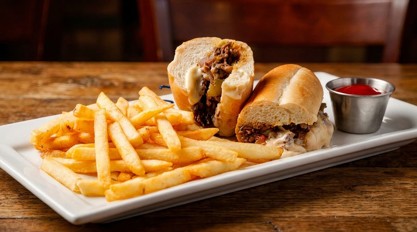 Cheesesteak sandwich with melted cheese and fries on a white plate, with a side of ketchup.