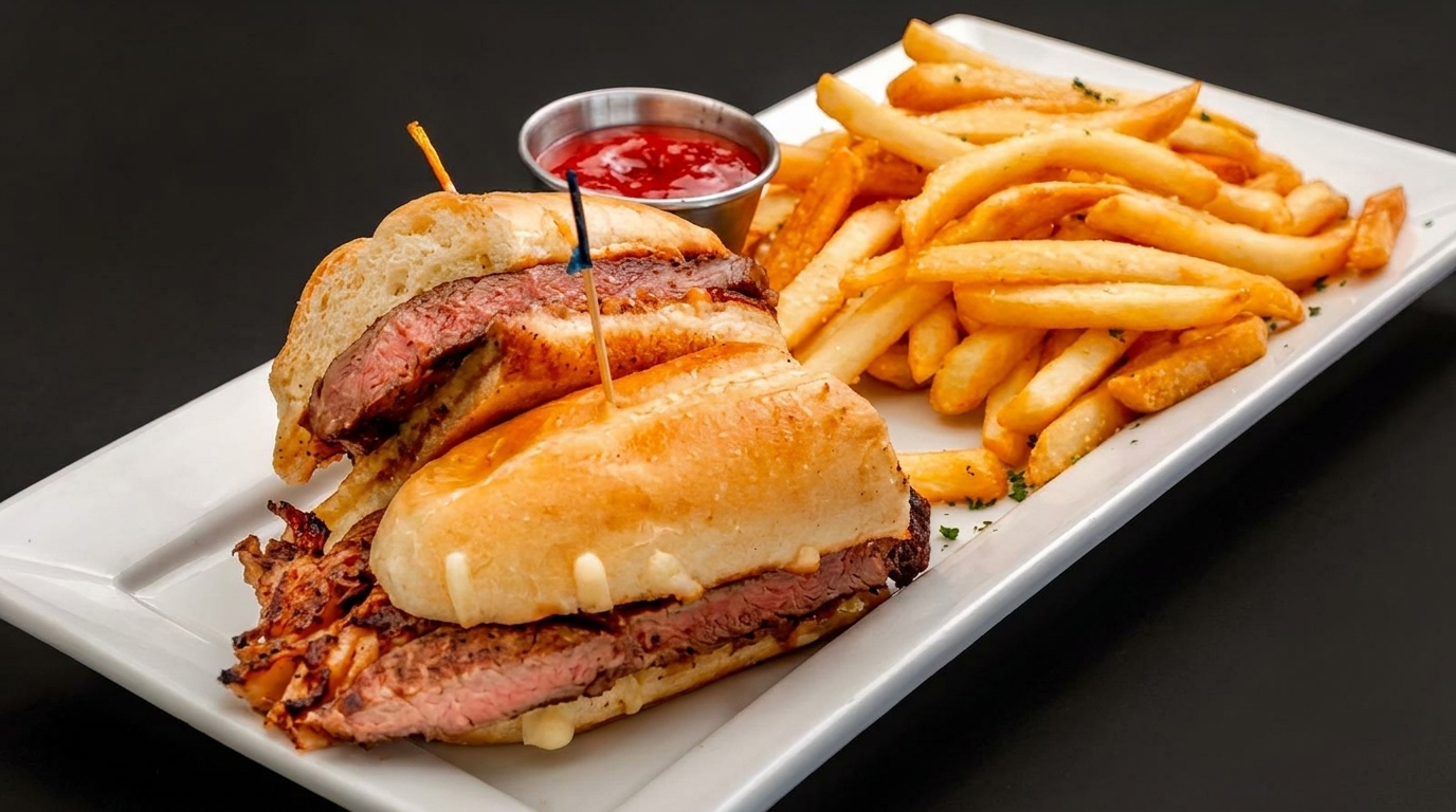 Steak sandwich with melted cheese and a side of golden french fries and ketchup on a white plate.