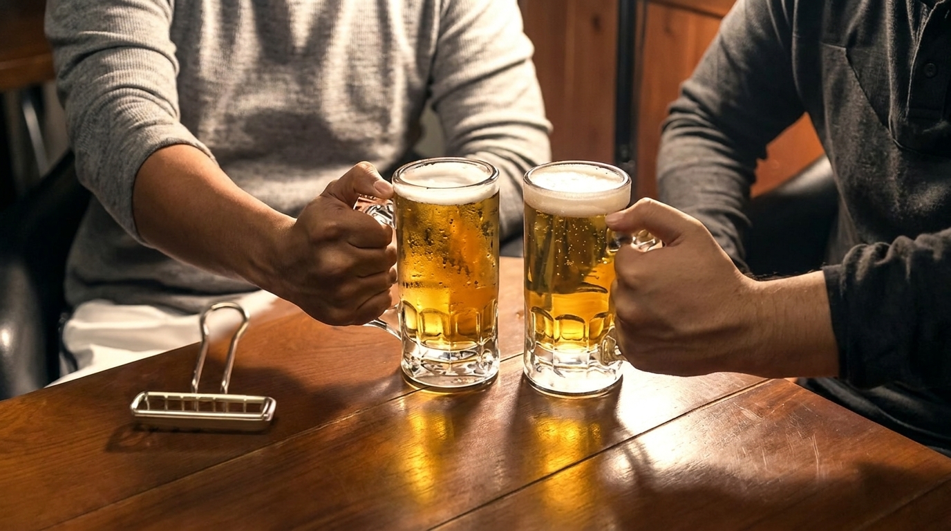 Two people clinking beer mugs filled with golden beer and foamy heads on a wooden table.