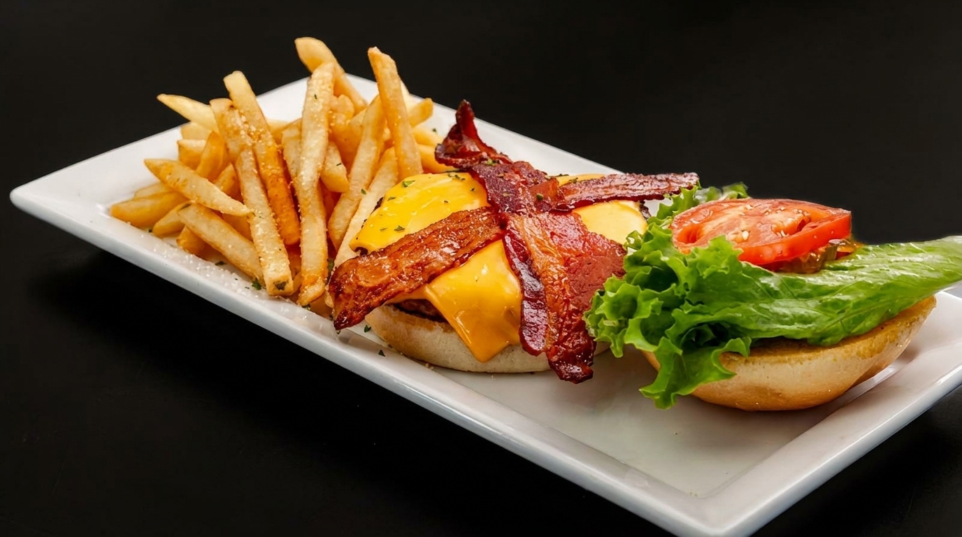 Bacon cheeseburger with lettuce, tomato, and pickles, served open-faced with a side of fries.