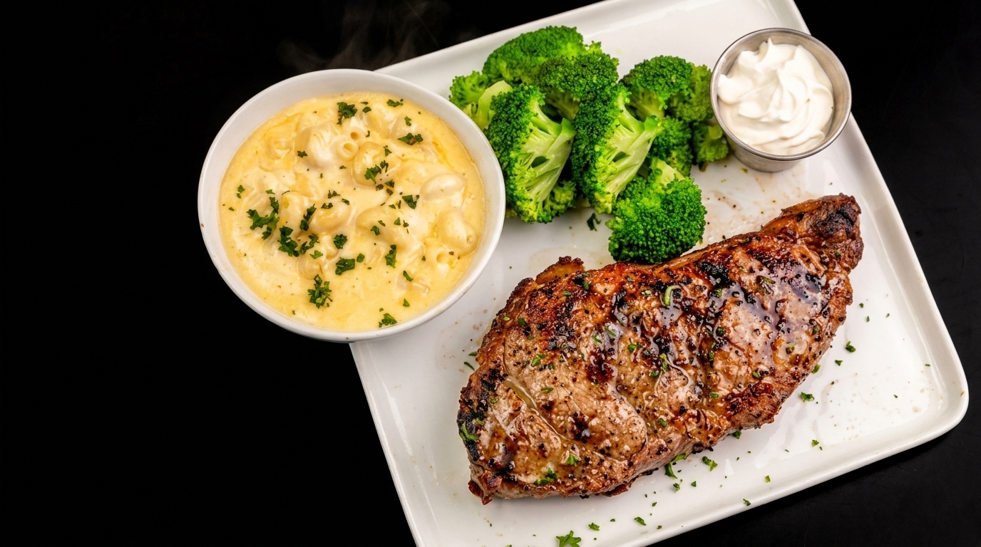Grilled steak, mac and cheese, and broccoli with a side of sour cream on a white plate.