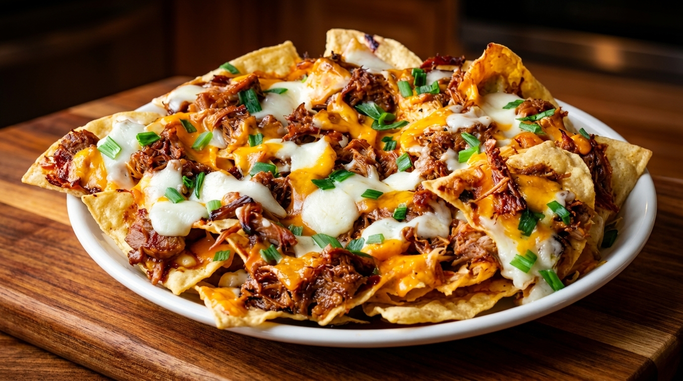 A plate of loaded nachos with melted cheese, pulled pork, and green onions on a wooden board.