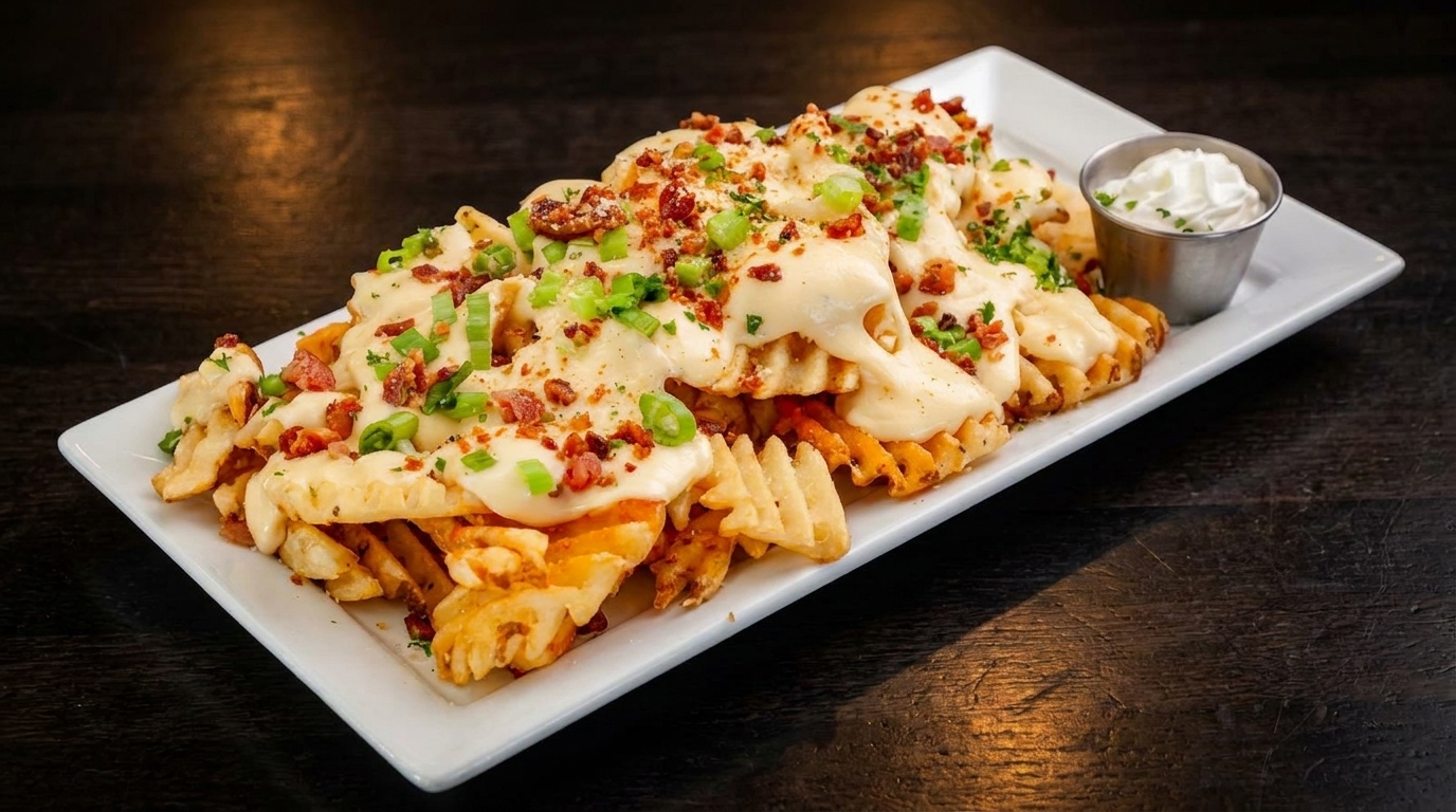 Waffle fries covered in melted cheese, bacon bits, and green onions, with a side of sour cream.