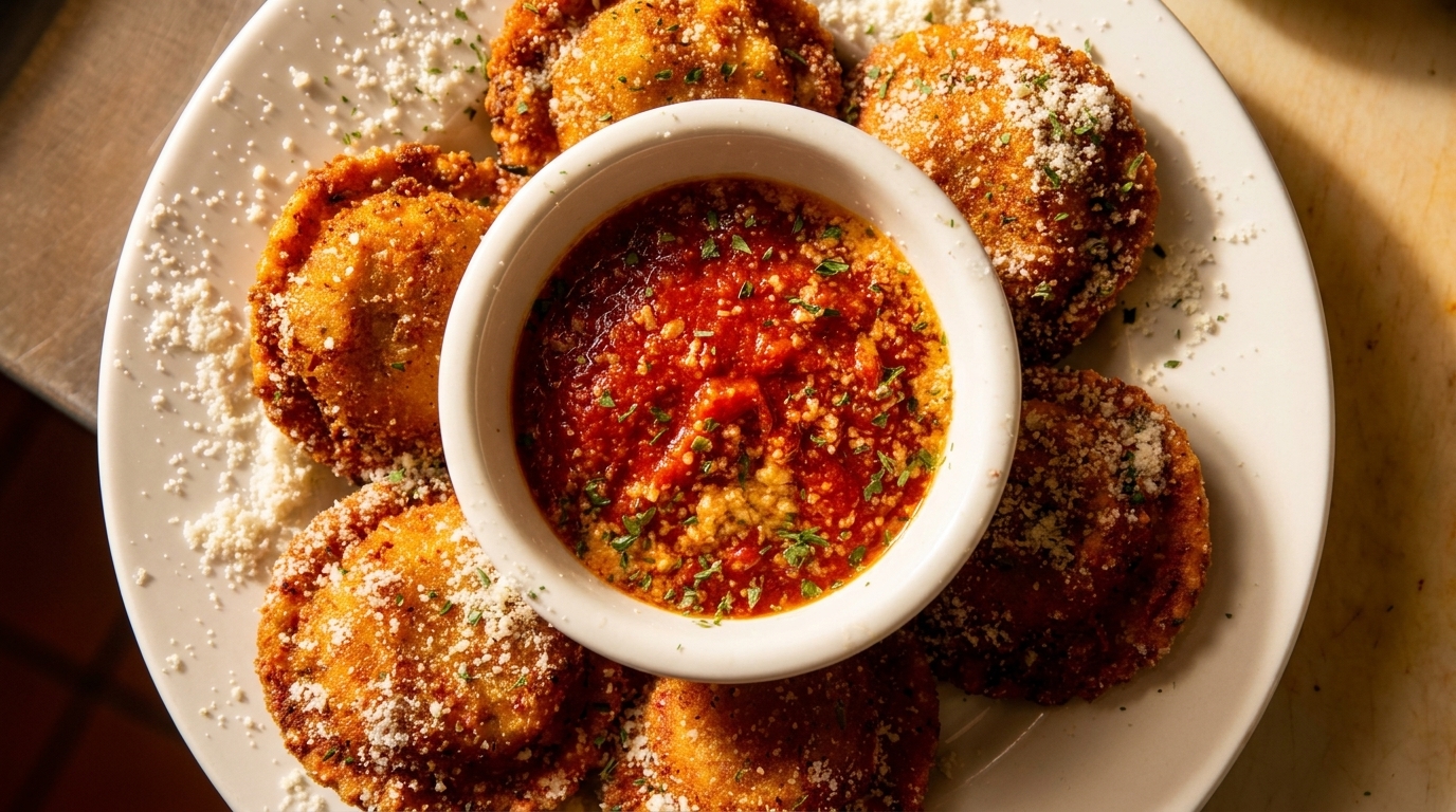 Golden-brown fried ravioli dusted with parmesan cheese, surrounding a bowl of marinara sauce.