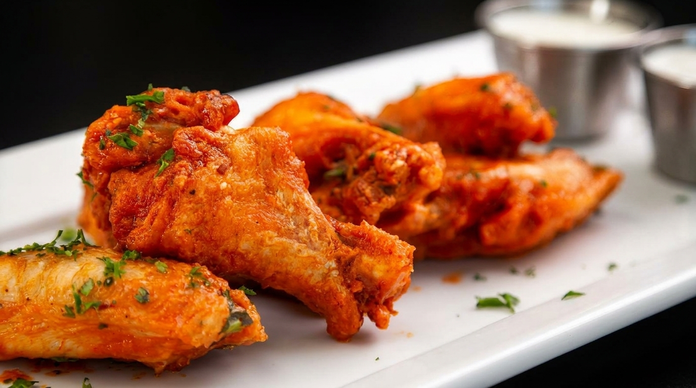 Spicy buffalo chicken wings garnished with parsley, served with two dipping sauces on a white plate.