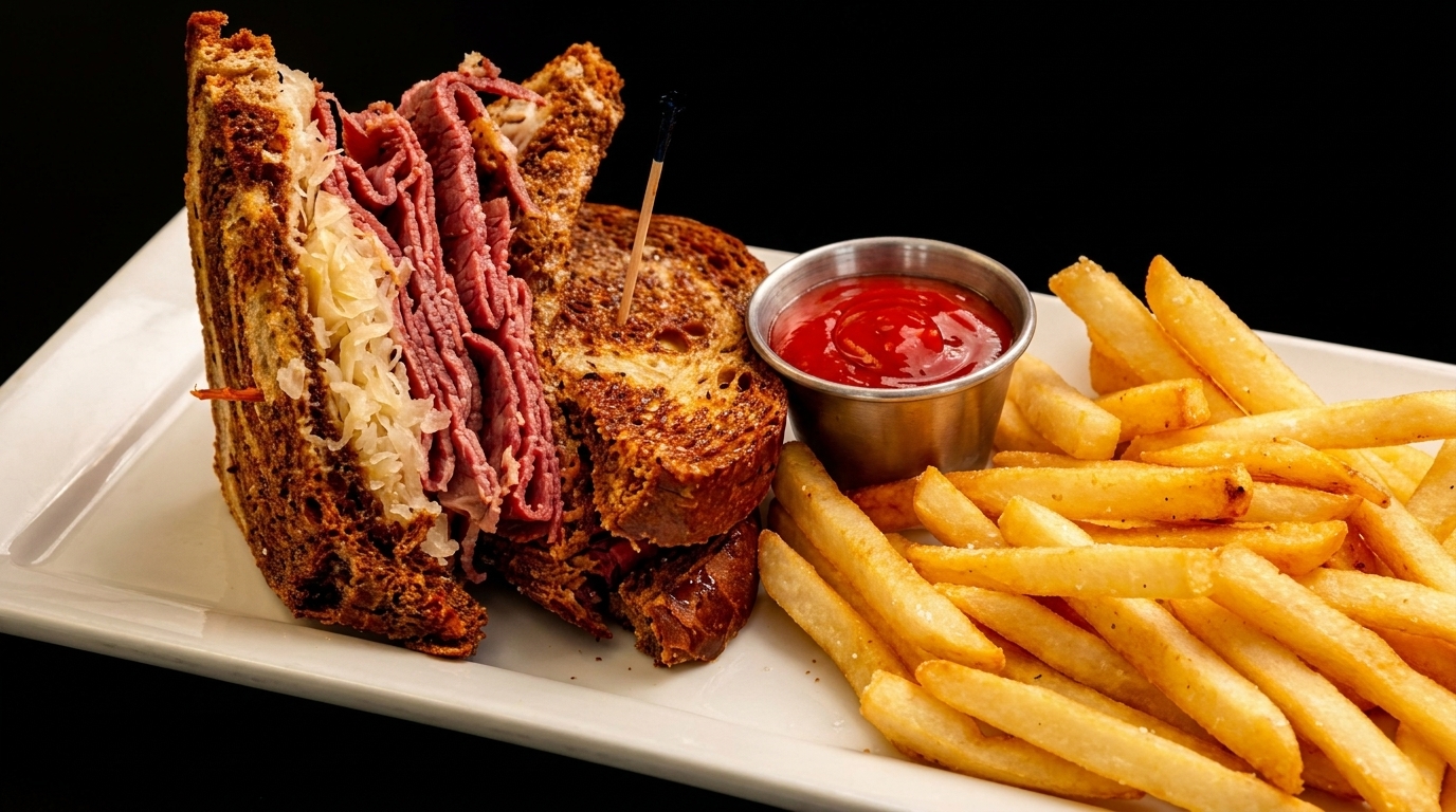 Reuben sandwich with corned beef and sauerkraut, served with golden french fries and ketchup.