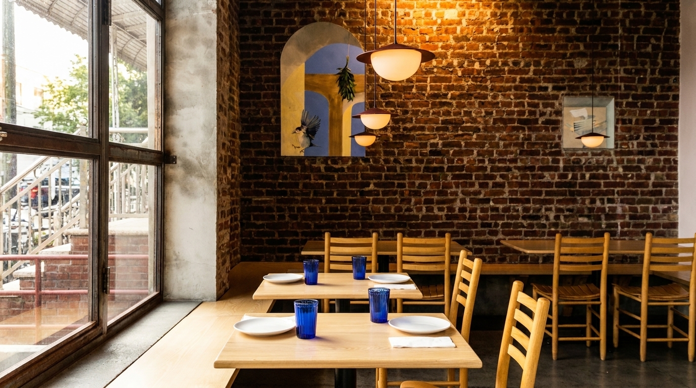 Restaurant interior with wooden tables, blue glasses, brick wall, arched mural, and large window.