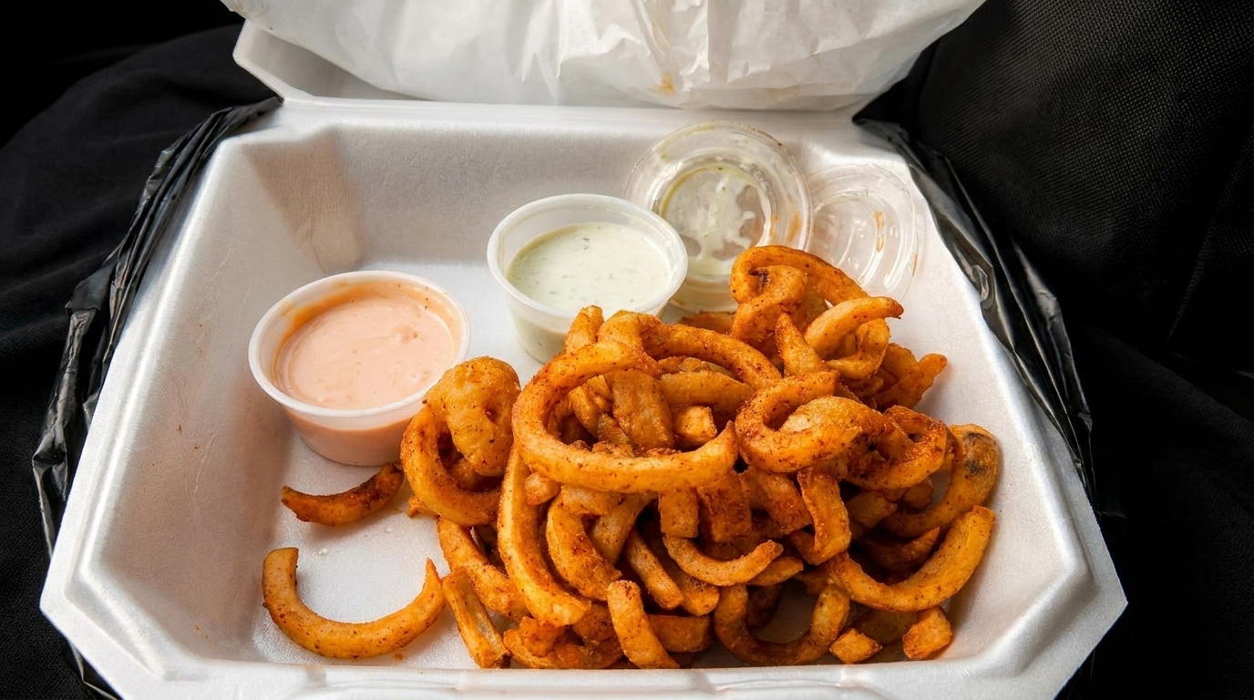 Curly fries with two dipping sauces in a white takeout container on a black background.