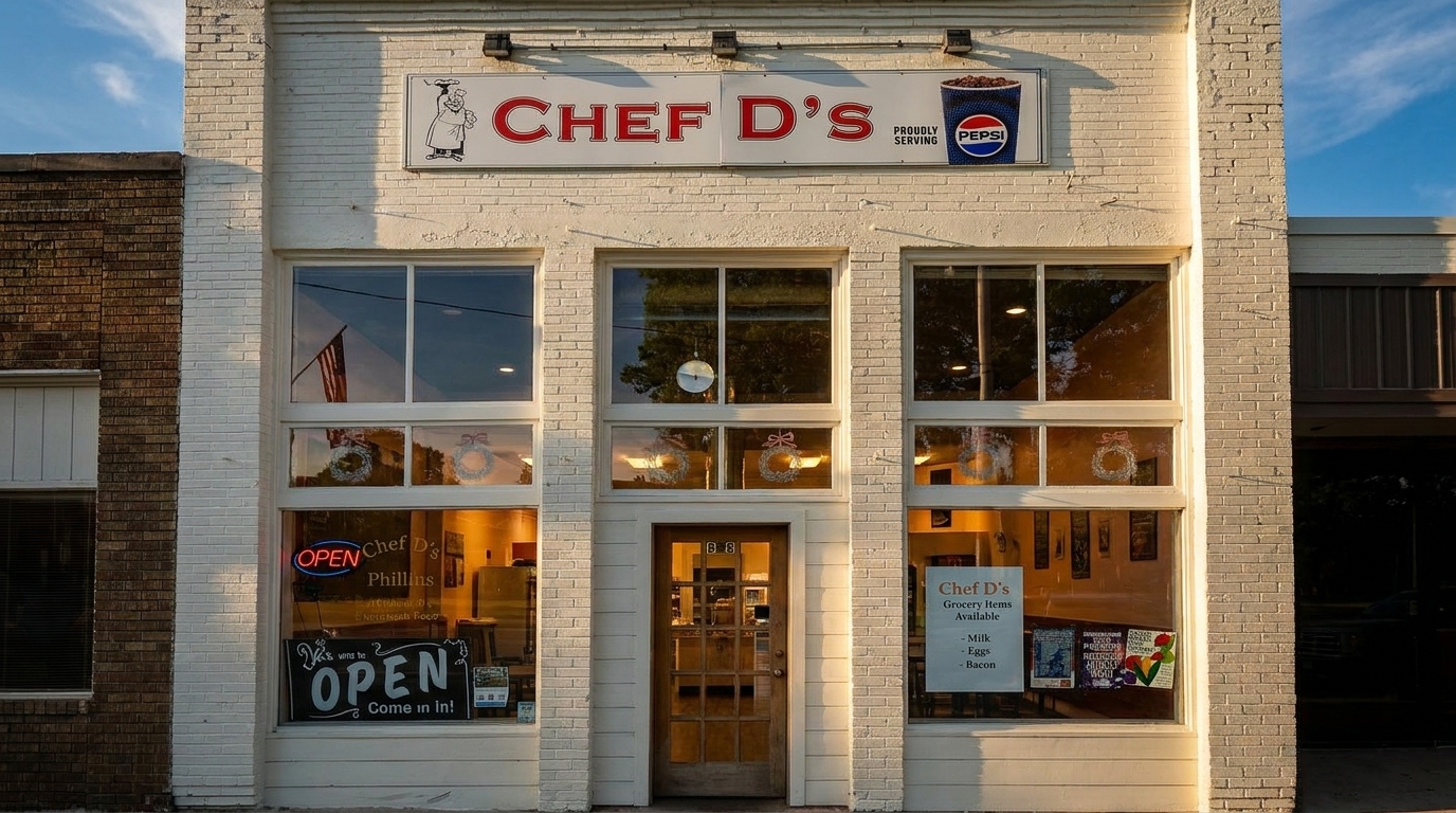 Chef D's restaurant exterior with a white brick facade, large windows, and an "OPEN" sign.