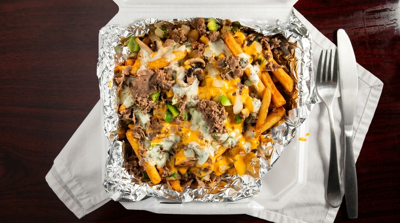 Cheesesteak fries with steak, cheese, green peppers, onions, and mushrooms in a foil-lined container.