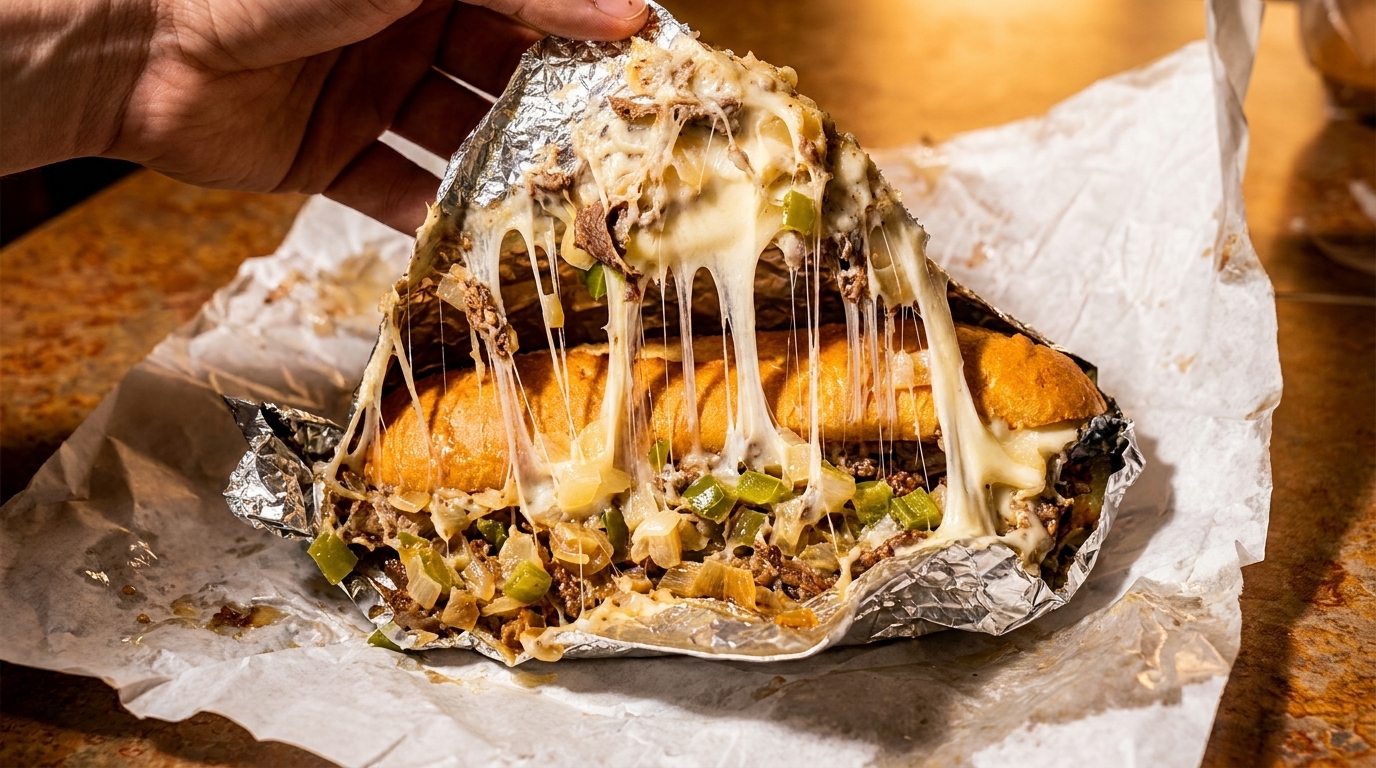 Hand holding a cheesy cheesesteak sandwich with melted cheese, steak, onions, and green peppers.