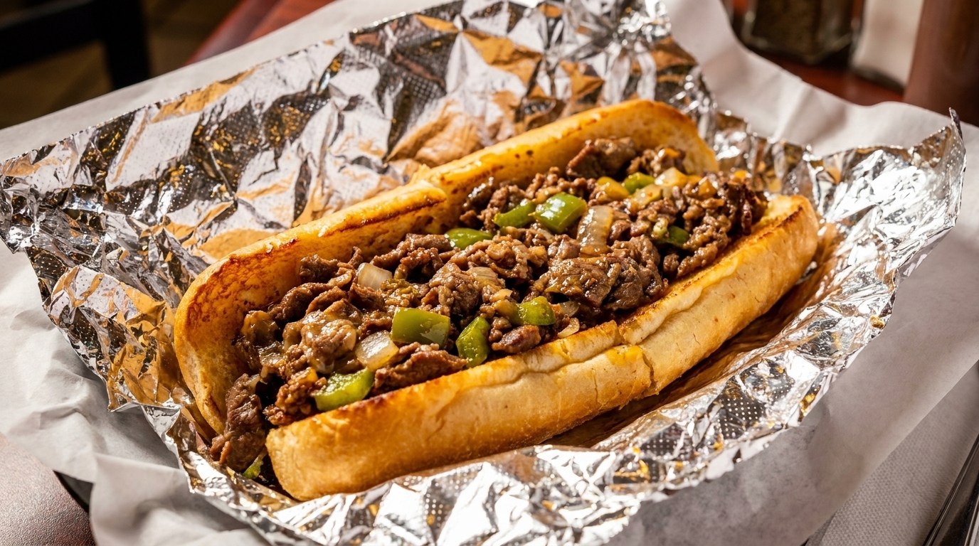 A delicious cheesesteak sandwich with steak, green peppers, and onions, wrapped in foil.