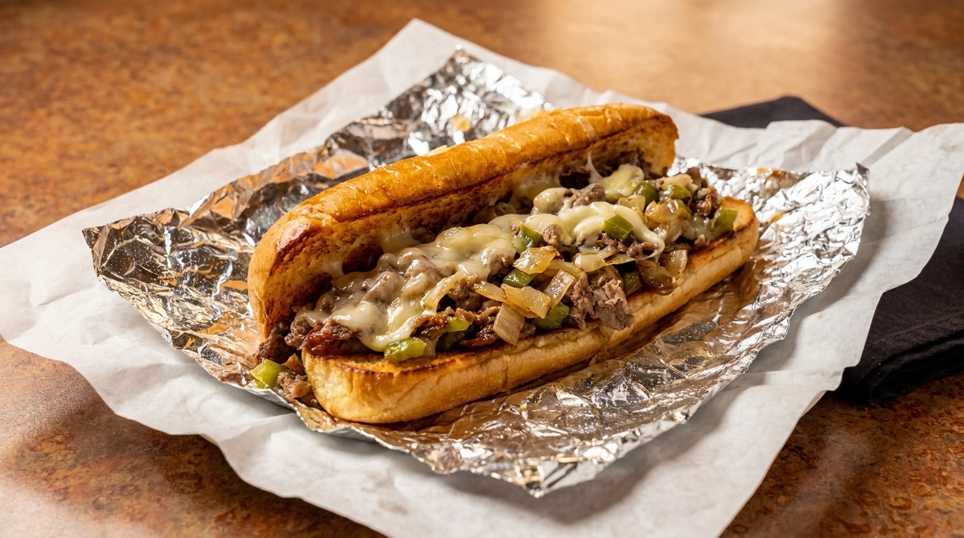 A delicious cheesesteak sandwich with melted cheese, steak, onions, and green peppers on a hoagie roll.