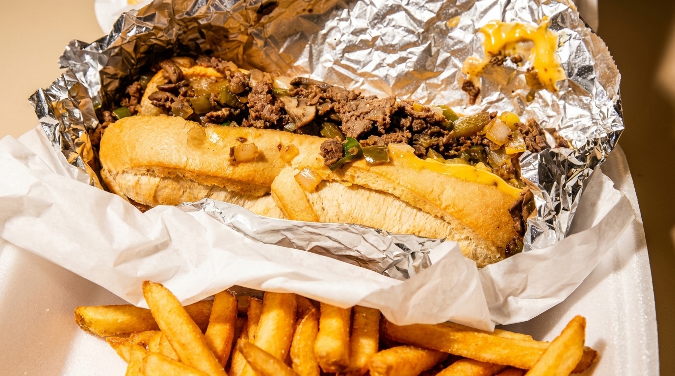 Cheesesteak sandwich with steak, onions, peppers, and cheese, served with golden french fries.