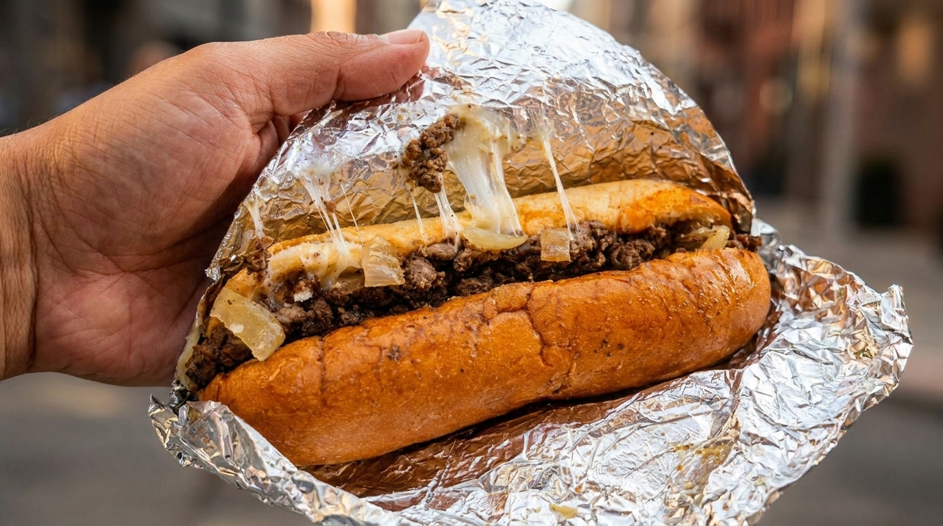 Hand holding a cheesy steak and onion sandwich wrapped in foil, with melted cheese stretching.