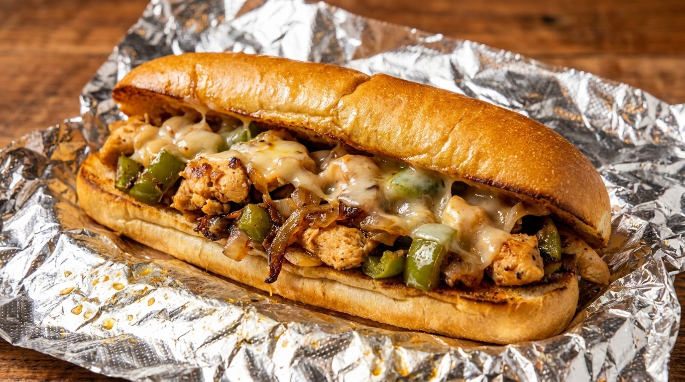Chicken cheesesteak sandwich with melted cheese, green peppers, and onions on foil.