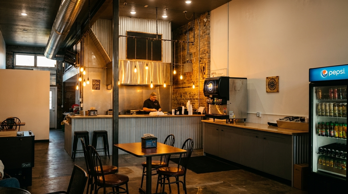 A restaurant interior with a chef behind a counter, tables, and a Pepsi cooler.