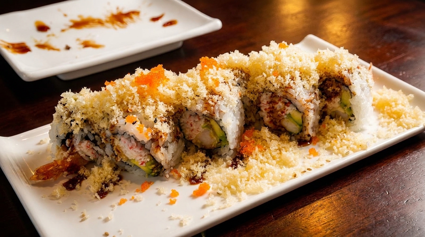 Sushi roll with tempura flakes and orange tobiko on a white rectangular plate.