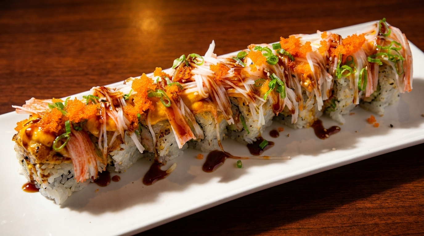 A long sushi roll topped with crab, orange roe, green onions, and a dark sauce on a white plate.