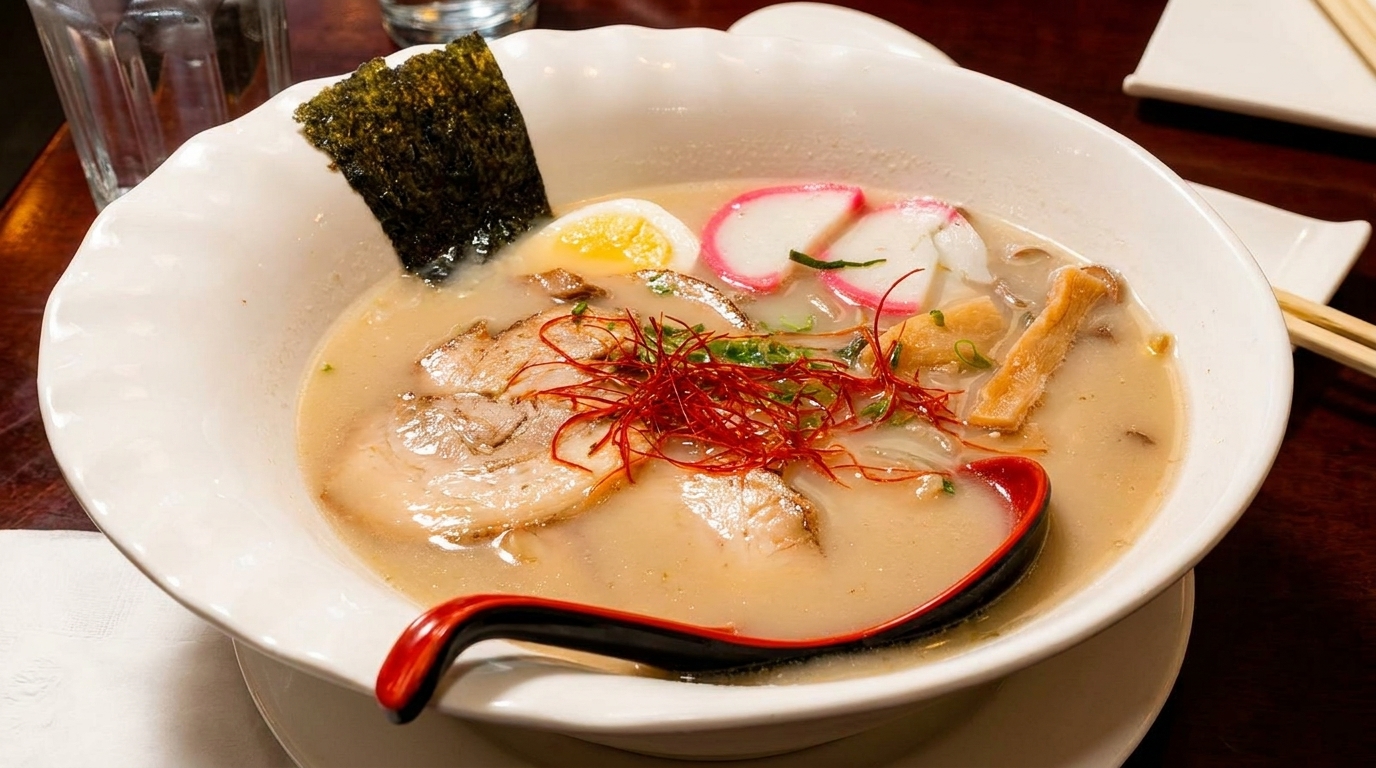 A white bowl of ramen with pork, egg, fish cake, seaweed, and red chili threads.