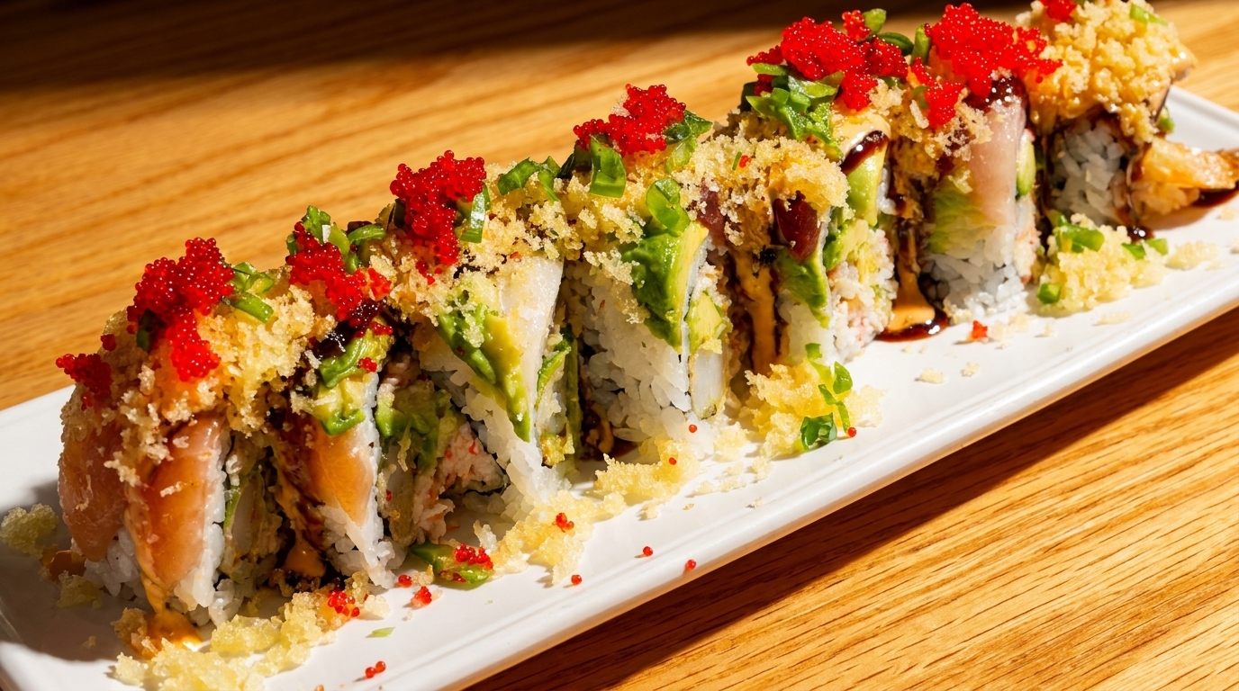 Sushi roll with avocado, red roe, tempura flakes, and green onions on a white plate.